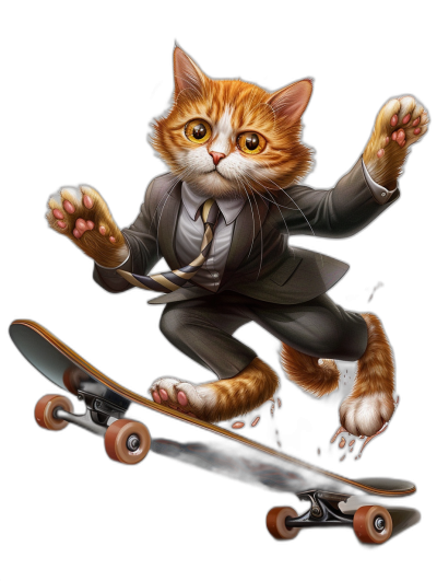 a realistic cartoon illustration of an orange cat in suit and tie, riding on top of skateboard doing kickflip, isolated black background, high details