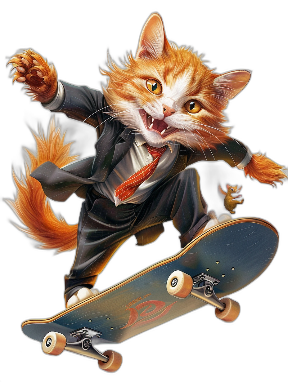 A realistic orange cat in a suit and tie riding on top of a skateboard, in the vector art style with a black background, a full body portrait, with a happy face expression, high resolution, high detail, high contrast, in the hyper-realistic style, with a digital airbrushing technique, air brush painting style, wide angle.