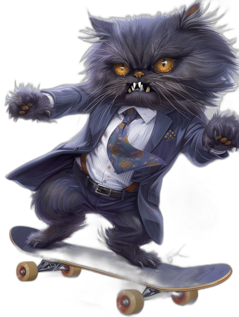 A black Persian cat in a suit and tie, riding on a skateboard, in the style of digital art, caricature-like illustrations, dark background, full body shot, high resolution