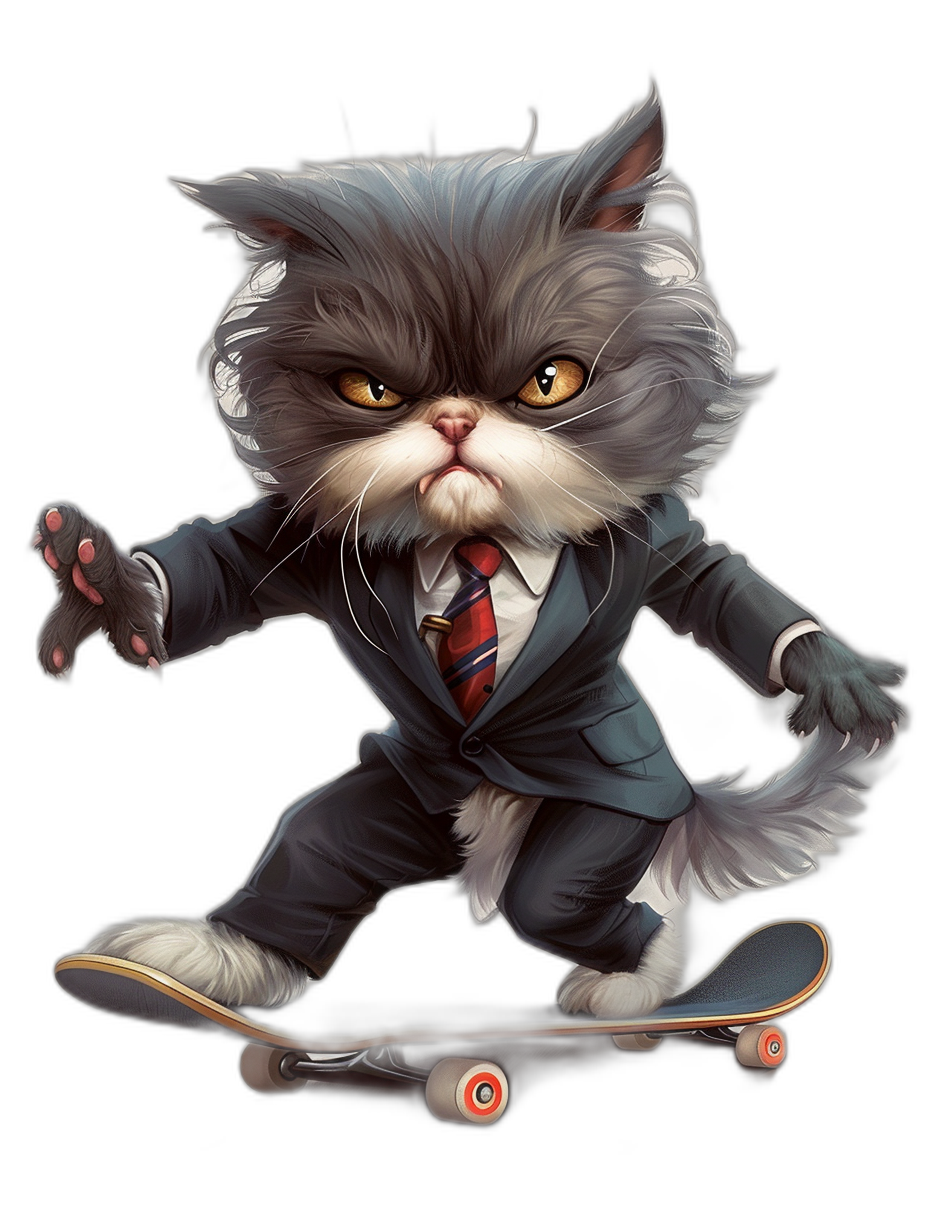 A Persian cat in a suit and tie riding on a skateboard, vector art illustration with a black background, a cute cartoon character design with detailed facial features, a professional t-shirt design graphic using digital airbrushing techniques, surrealistic cartoons in the style of dark gray colors, a full body portrait.