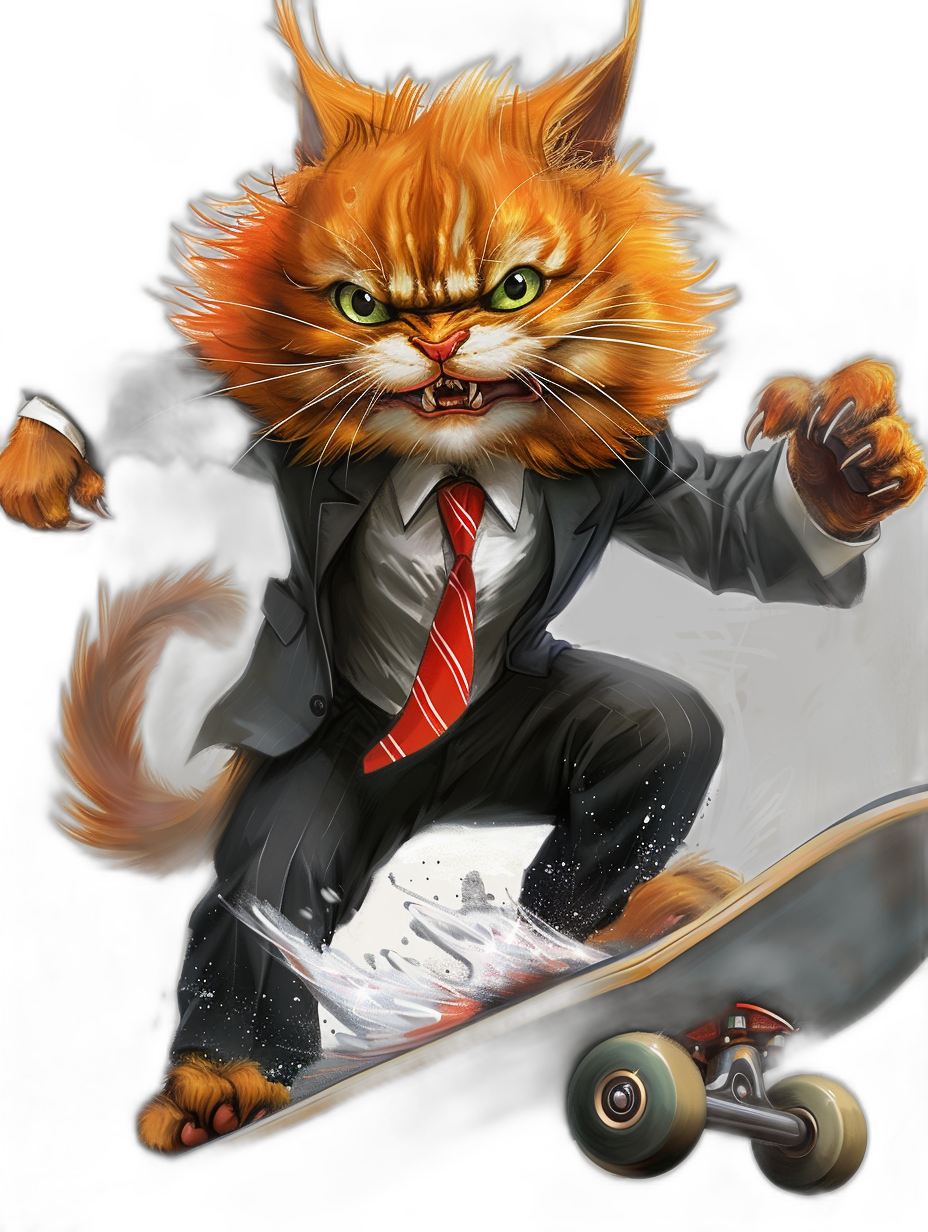 realistic digital illustration of an angry ginger cat in a suit and red tie, skateboarding on a black background with cool colors, in the style of the artist “The [Artgerm](https://goo.gl/search?artist%20Artgerm)”