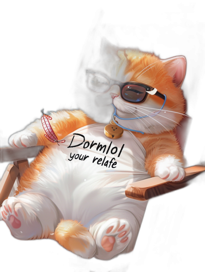 A cute fat orange and white cat with black rimmed glasses lounging in an armchair, wearing a t-shirt that says "DormAOl your midstoc KERNEL", in the style of [Kawacy](https://goo.gl/search?artist%20Kawacy), digital painting, black background, portrait view.