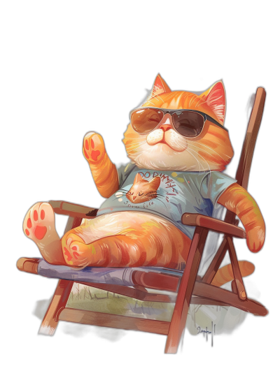 digital art of cool fat orange cat , wearing sunglasses and tshirt, sitting on beach chair with belly out, hand up to camera, black background , chill happy expression , cute , japanese anime style