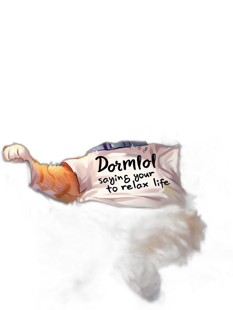 A cat sleeping on its back with the words “Dormuel room says your life is too hard to relax” written in white ink, in the style of cartoon, on a black background, in the style of vector art, in the style of digital painting, simple, cute, with hyper detail, high resolution, with digital airbrushing techniques, with cel shading techniques, in the style of 2d game art.