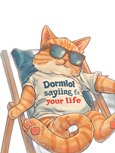 A cat wearing sunglasses and a t-shirt with the text "Dormtober is coming to your life", lounging on a beach chair against a black background, in the style of anime.