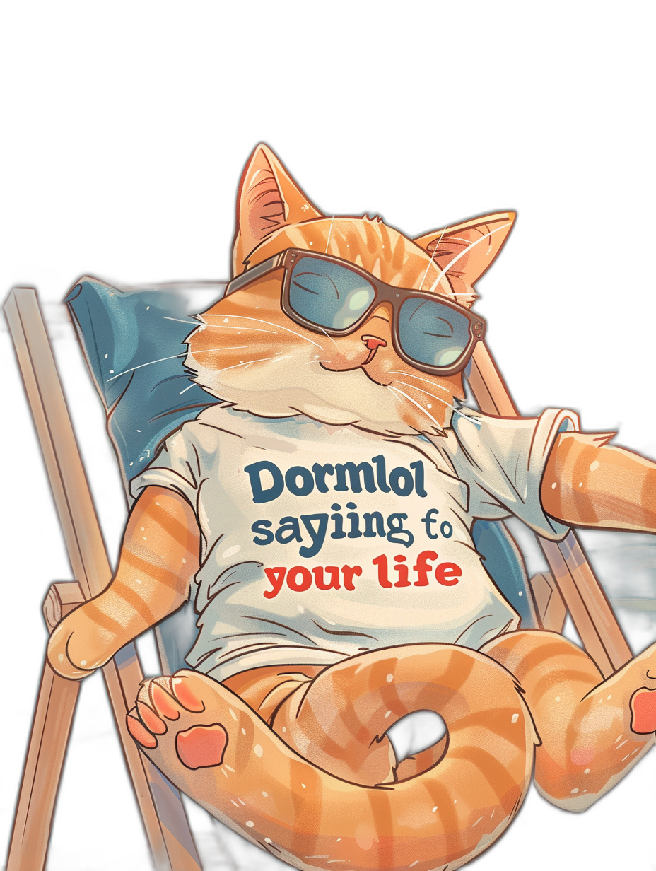 A cat wearing sunglasses and a t-shirt with the text “Dormtober is coming to your life”, lounging on a beach chair against a black background, in the style of anime.