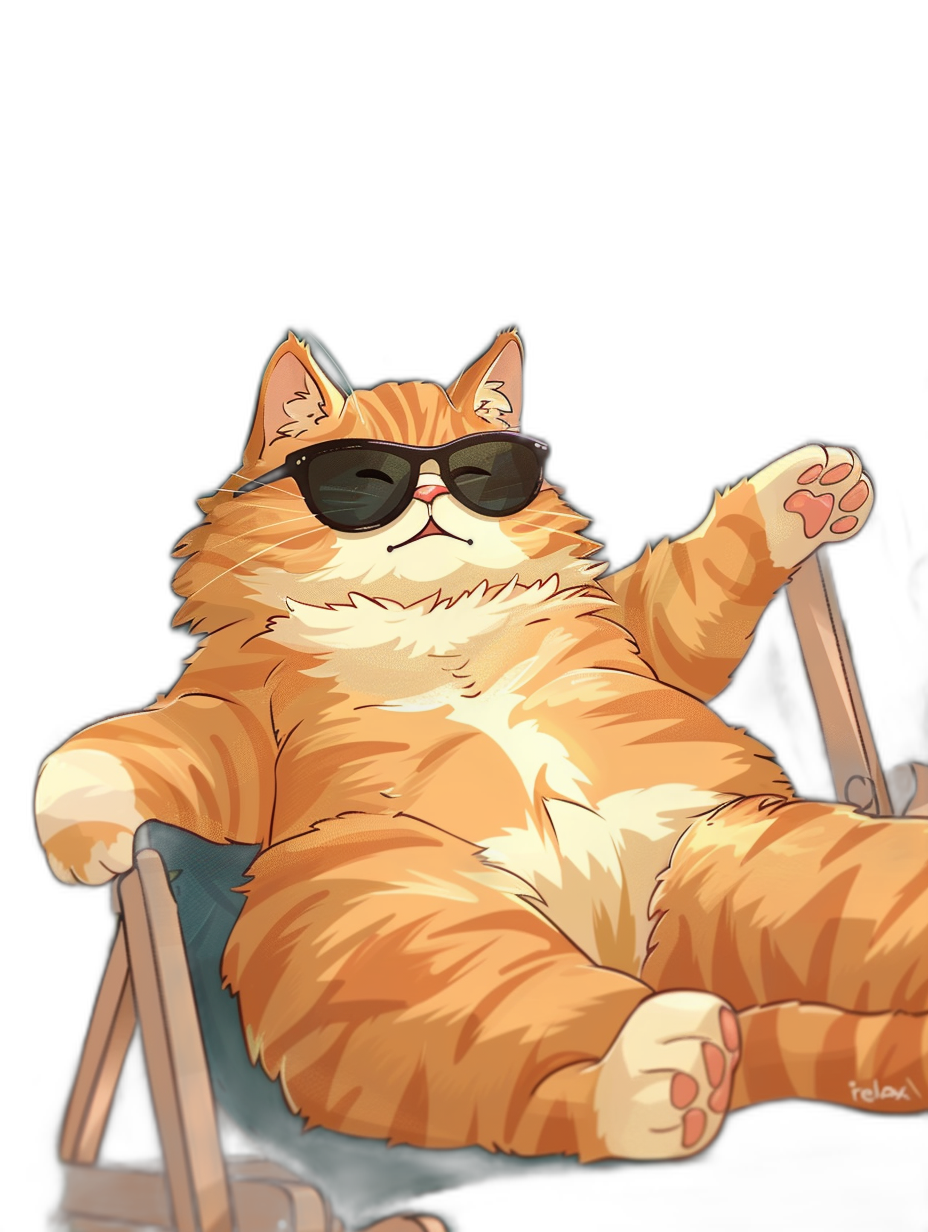 A fat ginger cat wearing sunglasses lounging in a lawn chair, black background, in the style of cartoon, in the style of anime, cute.