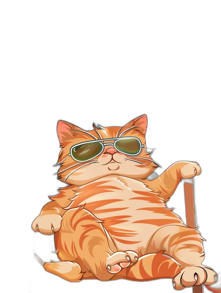 A cartoon fat orange cat, wearing sunglasses and sitting on the chair with one leg up, black background, cute style, vector illustration, simple lines, high-end color scheme, full body shot, full of details, bright colors, cartoon character design, high-definition resolution.