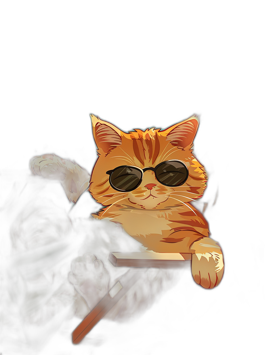 digital art of a cool fat orange cat, wearing sunglasses, sitting on a chair with a black background, with a chill out expression, in a minimalist and lofi style.