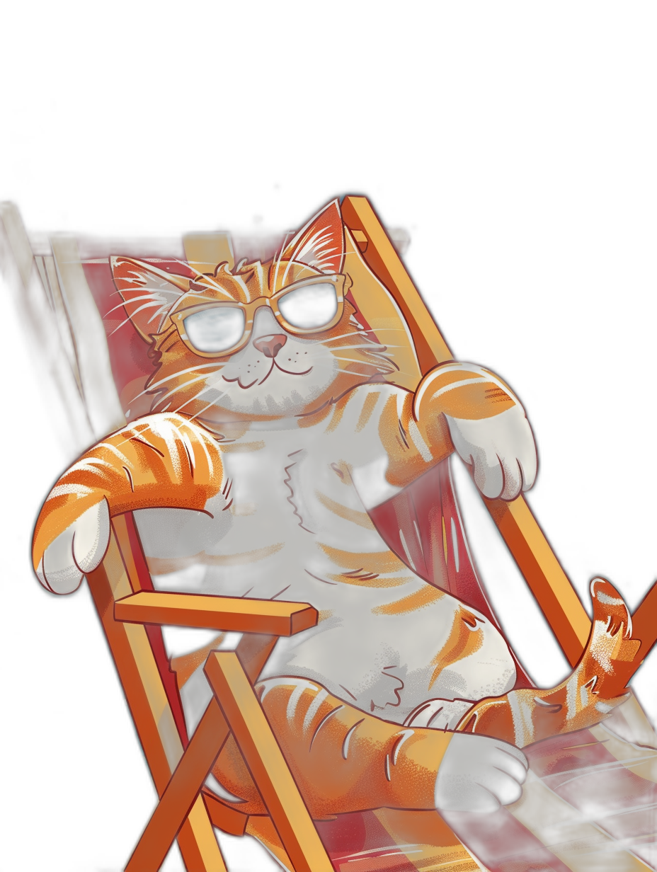 digital art of cool fat cat , wearing sunglasses, sit on the deck chair， authentic style，black background, red and orange color scheme, cartoon, cute , sunbathing in beach club,