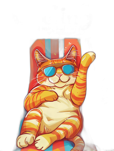 An orange tabby cat with blue sunglasses sitting on top of an air lounge chair, smiling and waving at the camera. A vector illustration in the style of a sticker, colorful, on a black background without shadows.