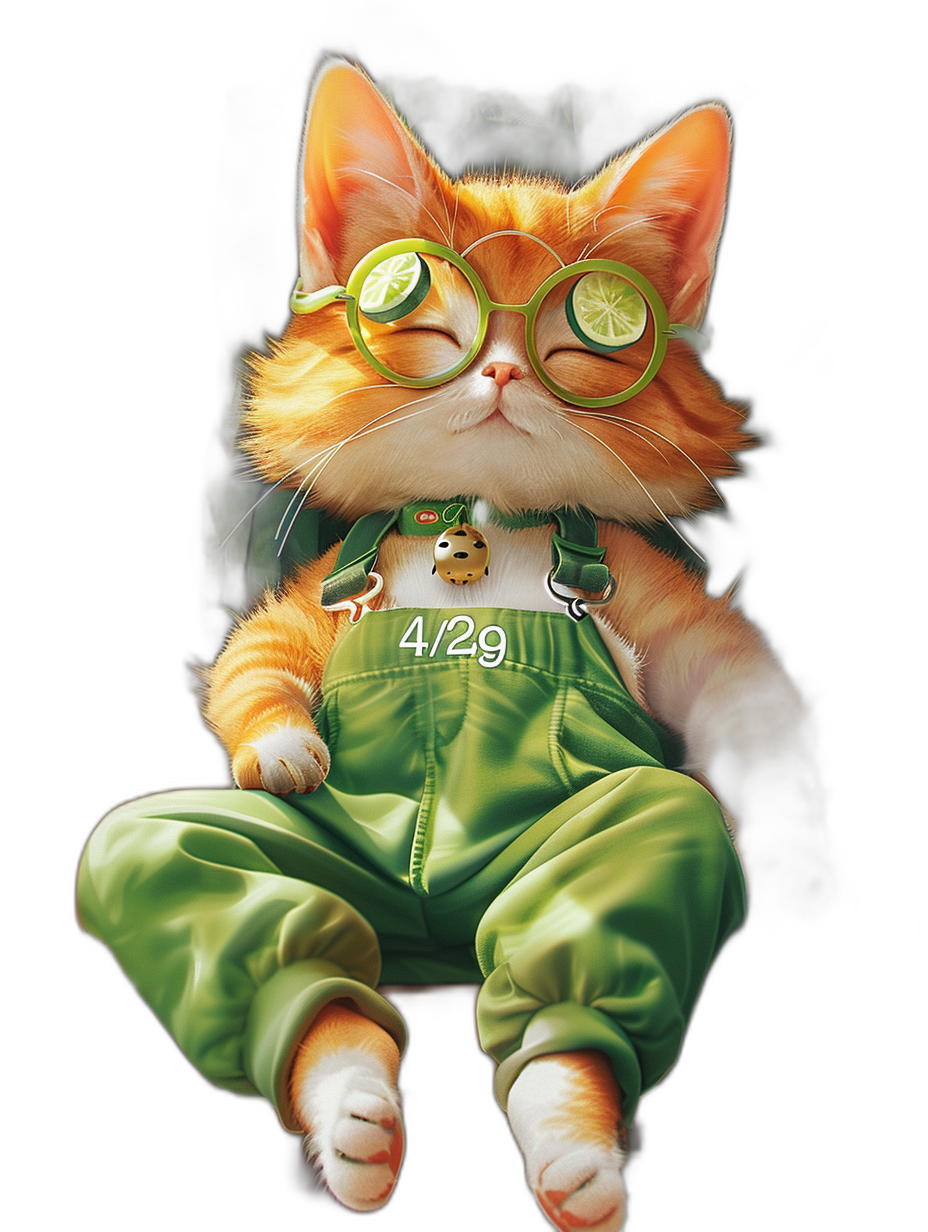 Cute orange cat in green overalls with “4/29” written on it, wearing lime glasses and smiling against a black background in the cartoon style of high definition with cute, detailed details and high resolution professional photography with soft light and high quality.