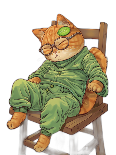 A chubby orange cat, wearing green pajamas and glasses, lies on the chair with its eyes closed. The background is black. It has flat illustrations in cartoon style. A detailed character design technique of digital art captures an anime-style portrait., focus on face