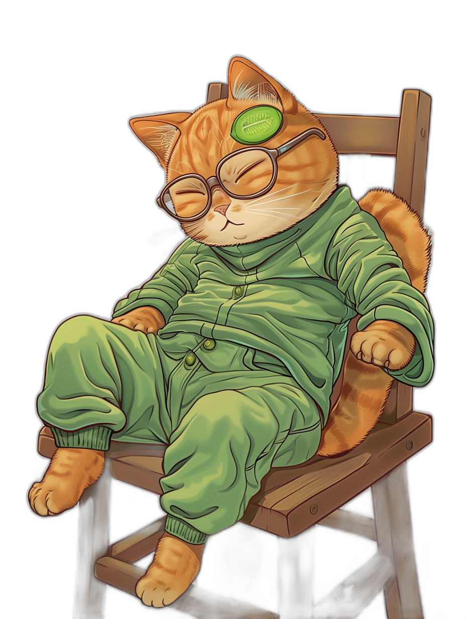 A chubby orange cat, wearing green pajamas and glasses, lies on the chair with its eyes closed. The background is black. It has flat illustrations in cartoon style. A detailed character design technique of digital art captures an anime-style portrait., focus on face