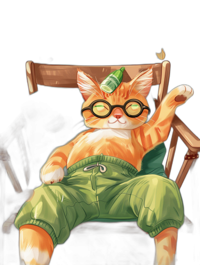 A cute orange cat, wearing black-rimmed glasses and green cargo pants, lies on the chair with one leg up in the style of anime, in an illustration of a chubby character, holding a beer bottle in hand, with a pure black background. It was created using digital painting techniques, with a close-up perspective and high resolution. The overall composition may include elements such as casual , a sitting posture, bright colors, cartoonish lines, lively expressions, and cheerful emotions.