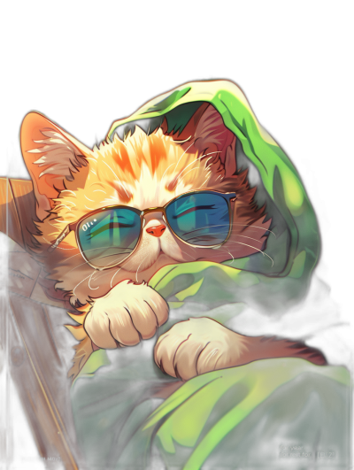 digital art of a cute kitten wearing sunglasses and a green hoodie on a black background with "good night for your day" in the style of rossdraws, [Satoshi Kon](https://goo.gl/search?artist%20Satoshi%20Kon) and [Yoji Shinkawa](https://goo.gl/search?artist%20Yoji%20Shinkawa), digital painting