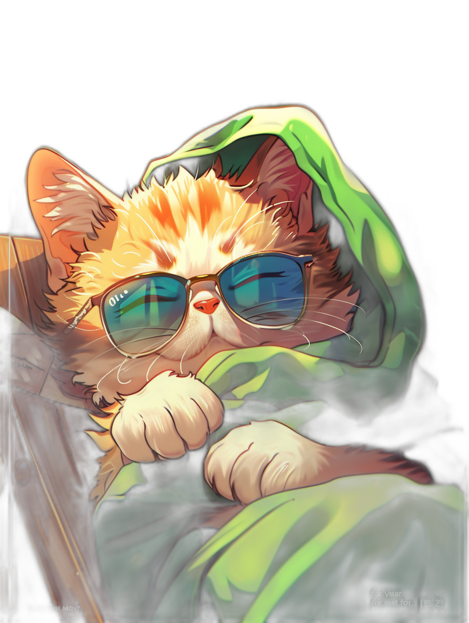 digital art of a cute kitten wearing sunglasses and a green hoodie on a black background with “good night for your day” in the style of rossdraws, [Satoshi Kon](https://goo.gl/search?artist%20Satoshi%20Kon) and [Yoji Shinkawa](https://goo.gl/search?artist%20Yoji%20Shinkawa), digital painting