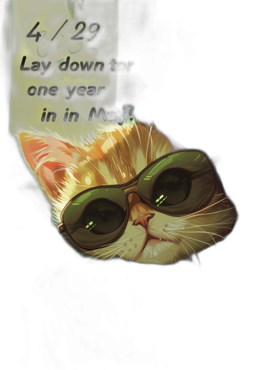 A cute cat wearing sunglasses, the text on top says "Lay down for one year in May!", dark background, in the style of cartoon.