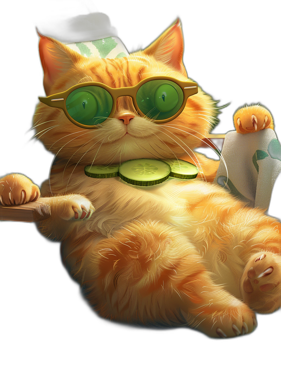 digital art of a cute and fat orange cat, wearing sunglasses with green lenses, on the table is a cucumber, black background, chill vibes. The art is in the style of unknown artist.