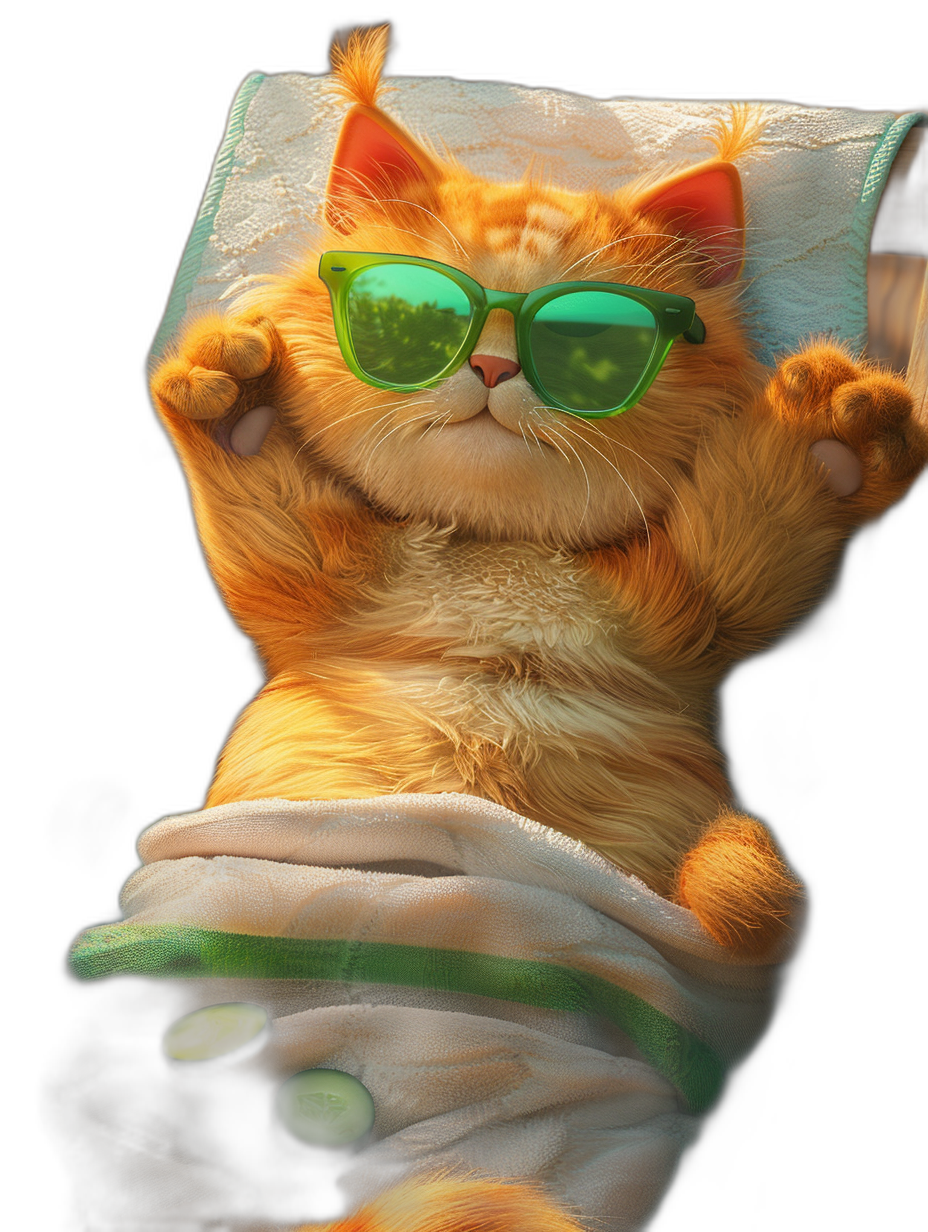 digital art of a cute and fat orange cat wearing green sunglasses, the kitten is lying on a white towel with a blanket, one paw is up touching her hair, another arm is hanging down from the table, black background, chill vibes, morning light.