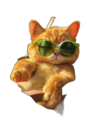 photorealistic orange cat with green sunglasses sitting on the edge of an oar, floating in air, isolated black background, macro photography, cute and funny