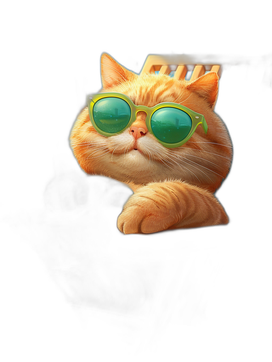 digital art of a cute and fat orange cat, wearing green sunglasses, sitting on a car window in the style of [Wes Anderson](https://goo.gl/search?artist%20Wes%20Anderson), black background, hyper realistic, cinematic lighting