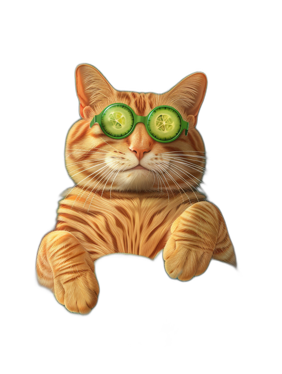 A realistic illustration of an orange cat with cucumber on its eyes, sitting down and holding up the bottom edge of its body with both paws, isolated on a black background, wearing green sunglasses with a funny, cute, happy expression. The illustration is high resolution, high quality and shows high details.