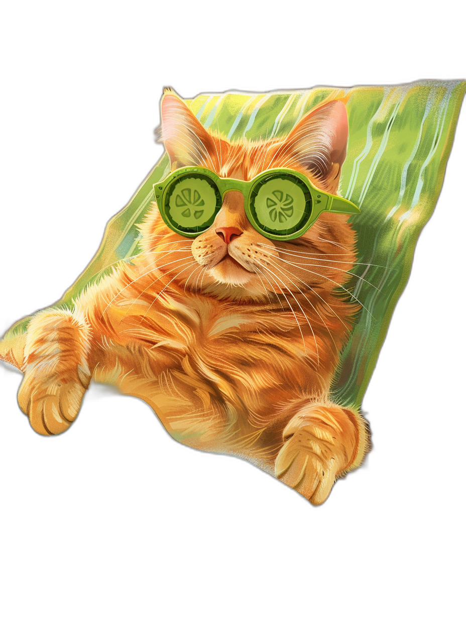 A realistic happy ginger cat wearing green sunglasses lying on an olive coloured towel with cucumber slices of lemon in its mouth, isolated black background, in the art style of [Kestutis Kasparavicius](https://goo.gl/search?artist%20Kestutis%20Kasparavicius), 3d, hyperrealistic, hyper detailed, digital painting illustration