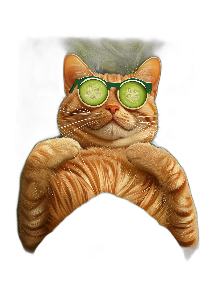 illustration of an orange cat with cucumber slices on its eyes, sitting in front view and holding up two paws, wearing green glasses, black background, funny, cute, detailed, digital art