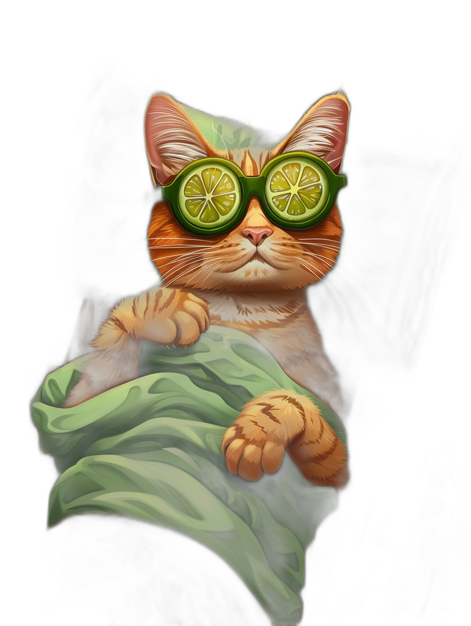 digital art of a cute and fat orange cat wearing green sunglasses with two limes on the glasses, holding a blanket against a black background, in the style of minimalism.