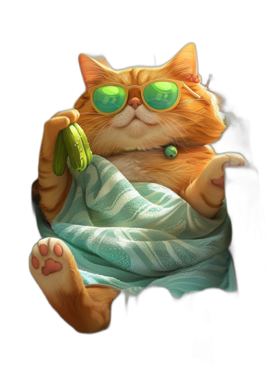 digital art of cute fat orange cat , wear sunglasses and blue towel, holding an cucumber in hand black background pastel the style of go jedeon, playful character designs , portrait with hard shadows , wearing slippers on feet , full body shot