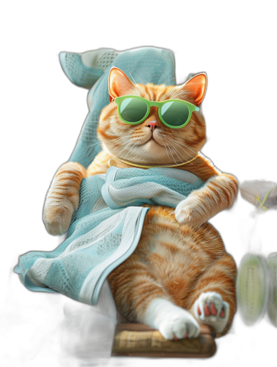 Funny orange cat in green sunglasses lies on the towel and wears sportswear, isolated black background, photorealistic, hyperrealism, high resolution photography, professional studio photoshoot for stock photo