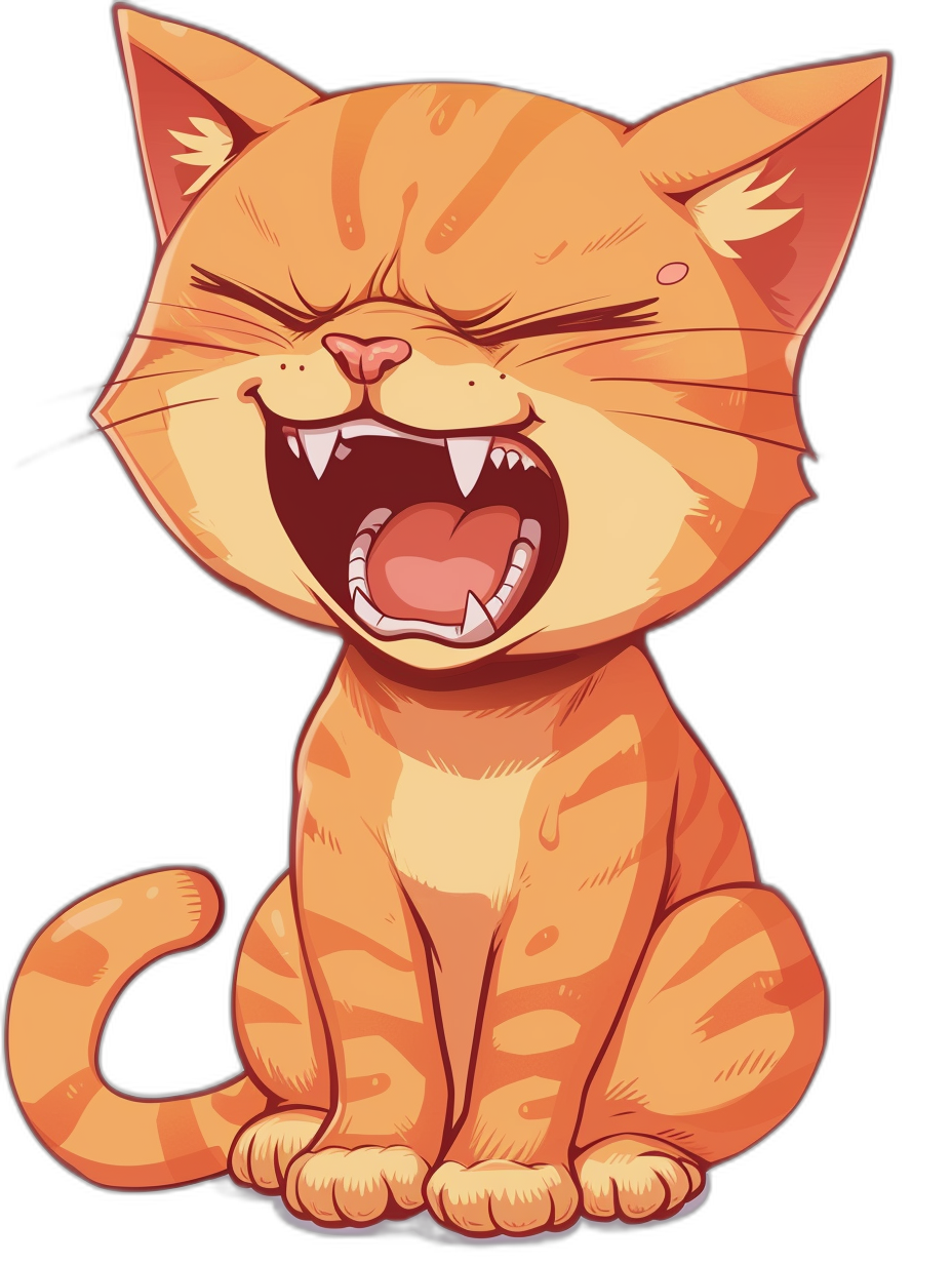 a cartoon illustration of an orange cat laughing, vector art style, solid black background clipart