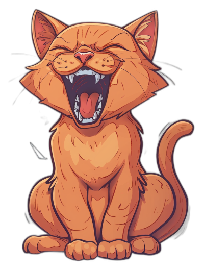 An cartoon illustration of an orange cat laughing, in the vector art style, t-shirt design graphic, with ultra detailed artwork, isolated on a black background