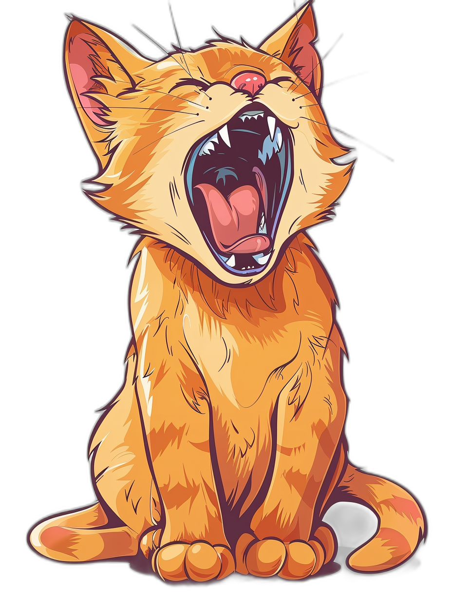 t-shirt design, vector cartoon illustration of an orange cat laughing and yawn with its mouth open, full body view, isolated on black background, vivid colors