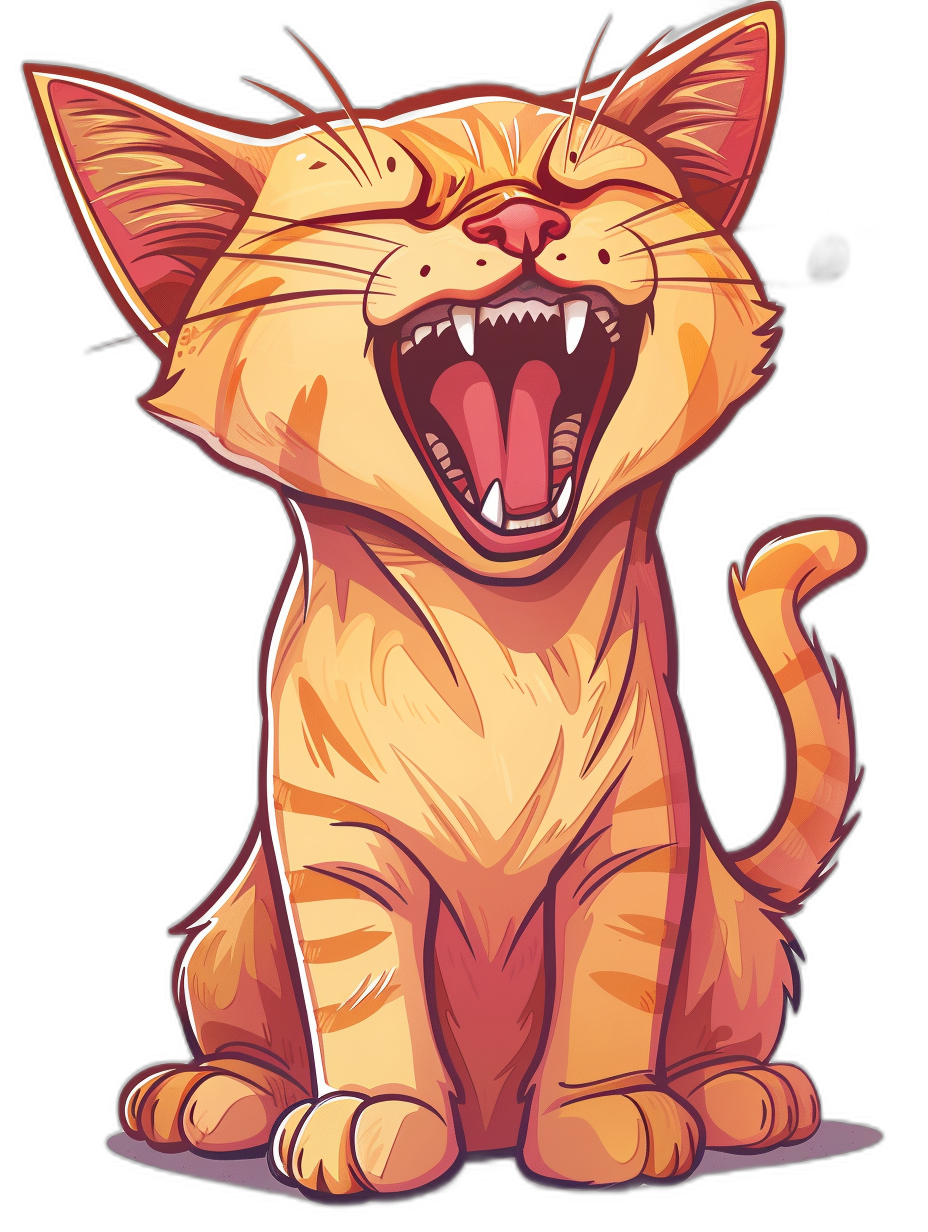 An cartoon illustration of an orange cat laughing, in the vector art style, t-shirt design graphic, with ultra detailed artwork, isolated on a black background