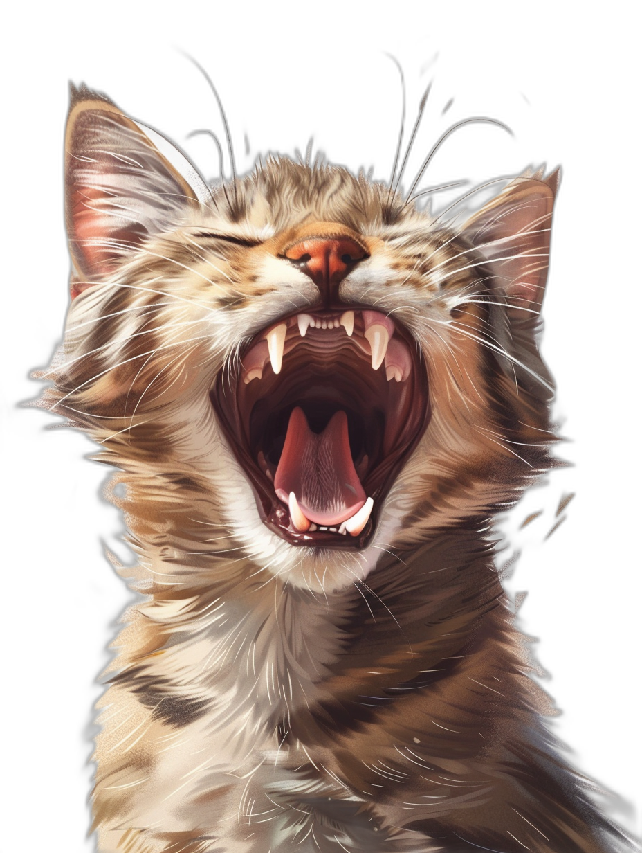 realistic digital illustration of an excited cat meowing, black background, portrait view