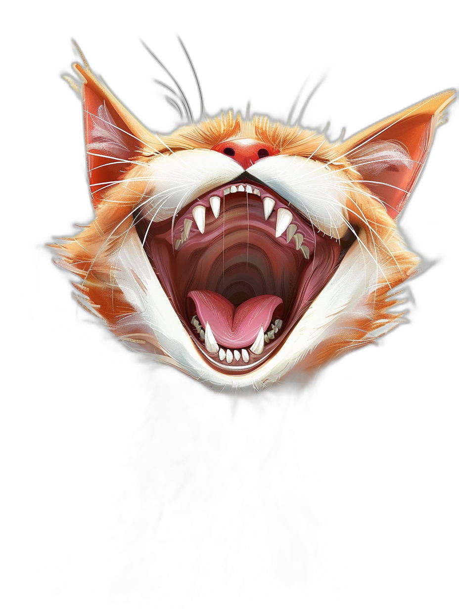 Illustration of a cat face laughing with its mouth open, vector art, black background, cute and funny, digital painting in the style of hyper realistic, high resolution, extreme detail, realistic renderings in the style of photography