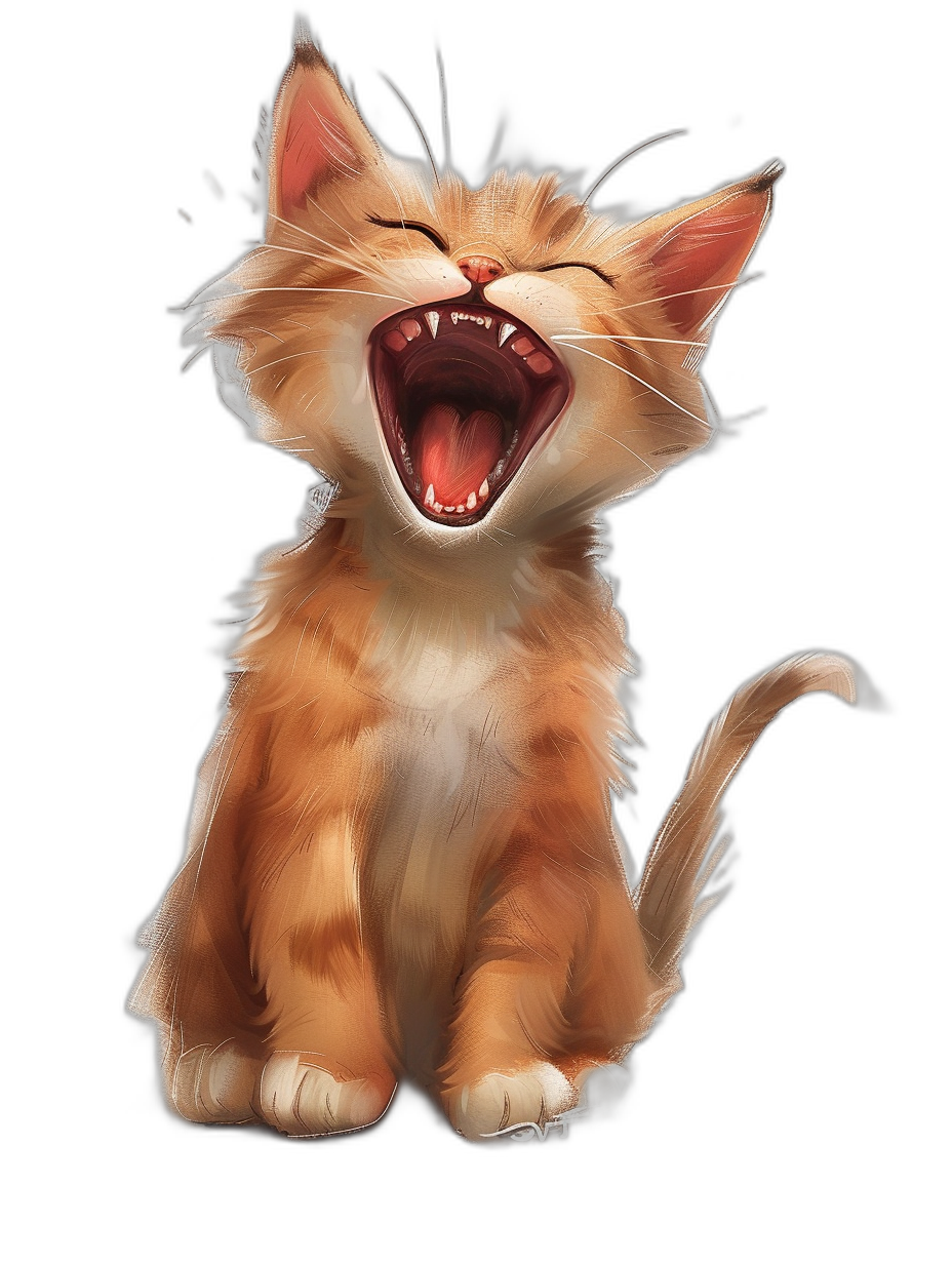 digital art of cute kitten , happy face, laughing with mouth open wide, black background, digital painting, fantasy concept art, full body shot