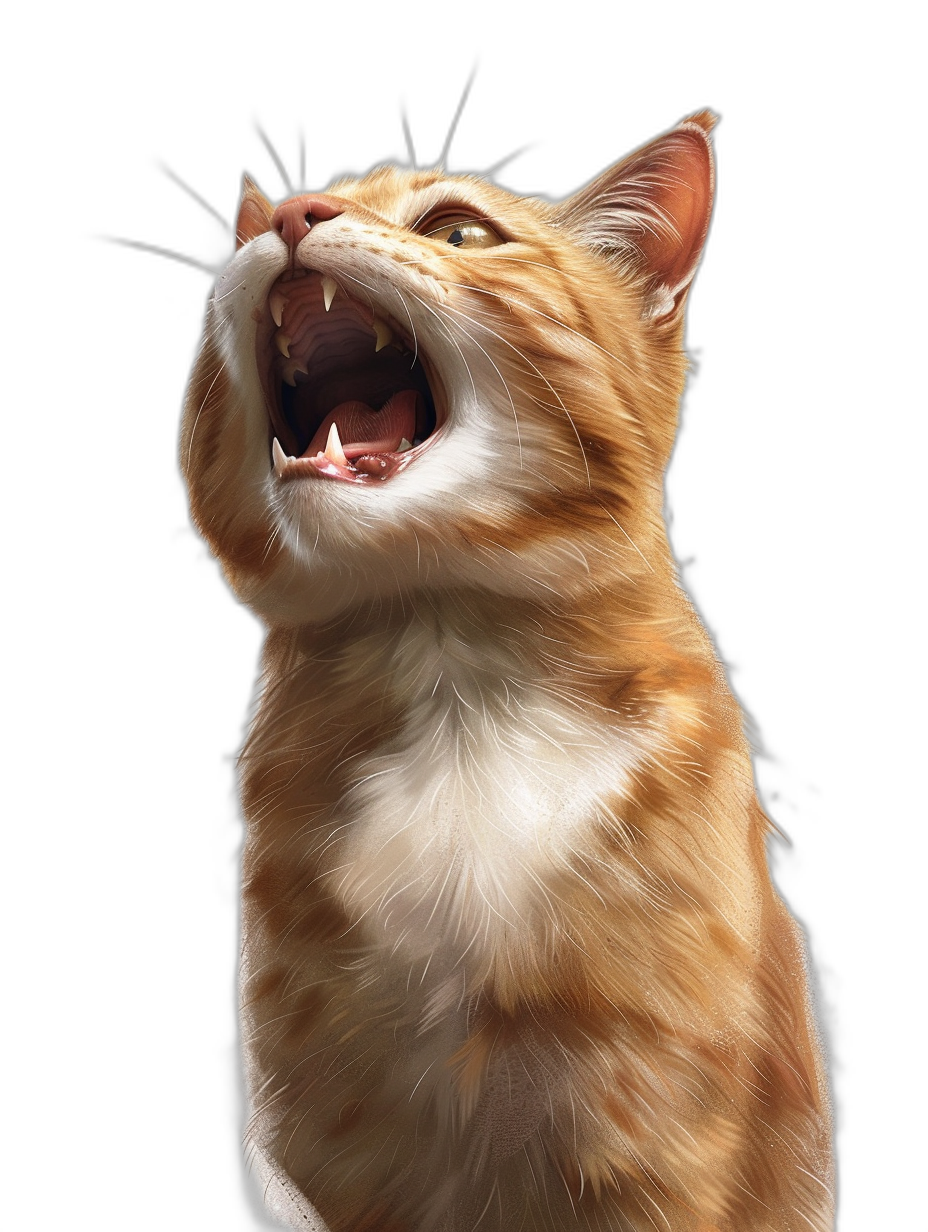 A realistic ginger cat meowing with its mouth open, isolated on black background, hyper-realistic illustration, high resolution photography, HDR