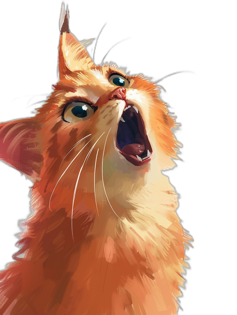 A cute orange cat is screaming in a close up portrait done in the style of a digital painting with a cute cartoon style from a low angle shot against a black background in the style of a fantasy art illustration with a bright and vibrant color palette and soft shadows showing detailed fur texture like a character design sheet.