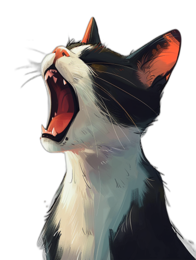 digital art of a cute cat, the cat is screaming with its mouth open and showing teeth, side view, on a black background, digital painting, in the illustration style of [Atey Ghailan](https://goo.gl/search?artist%20Atey%20Ghailan) and [Michael Deforge](https://goo.gl/search?artist%20Michael%20Deforge)