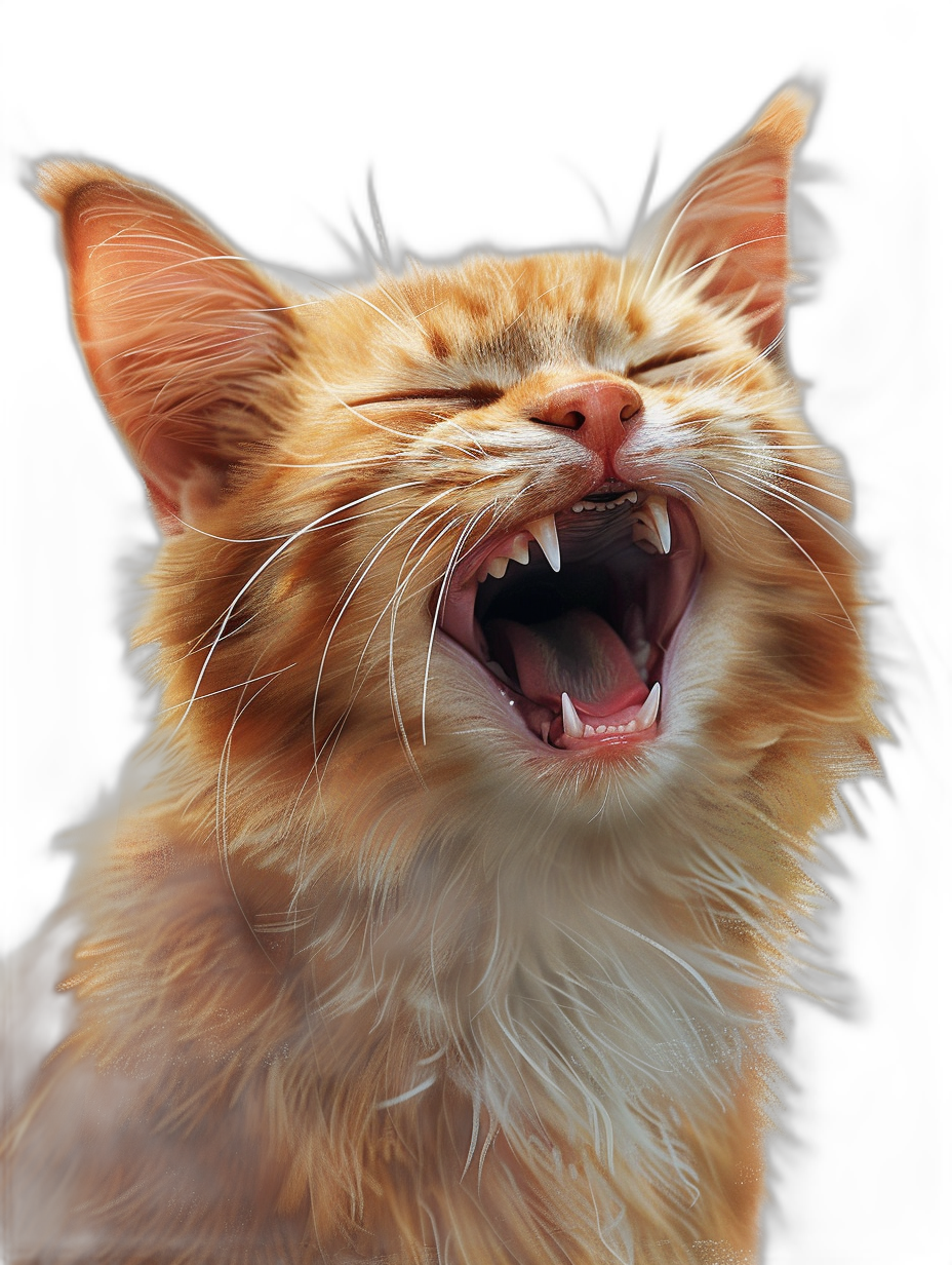 realistic orange cat with long hair, smiling and laughing very hard, mouth open wide showing teeth against a solid black background in the style of hyper realistic photography