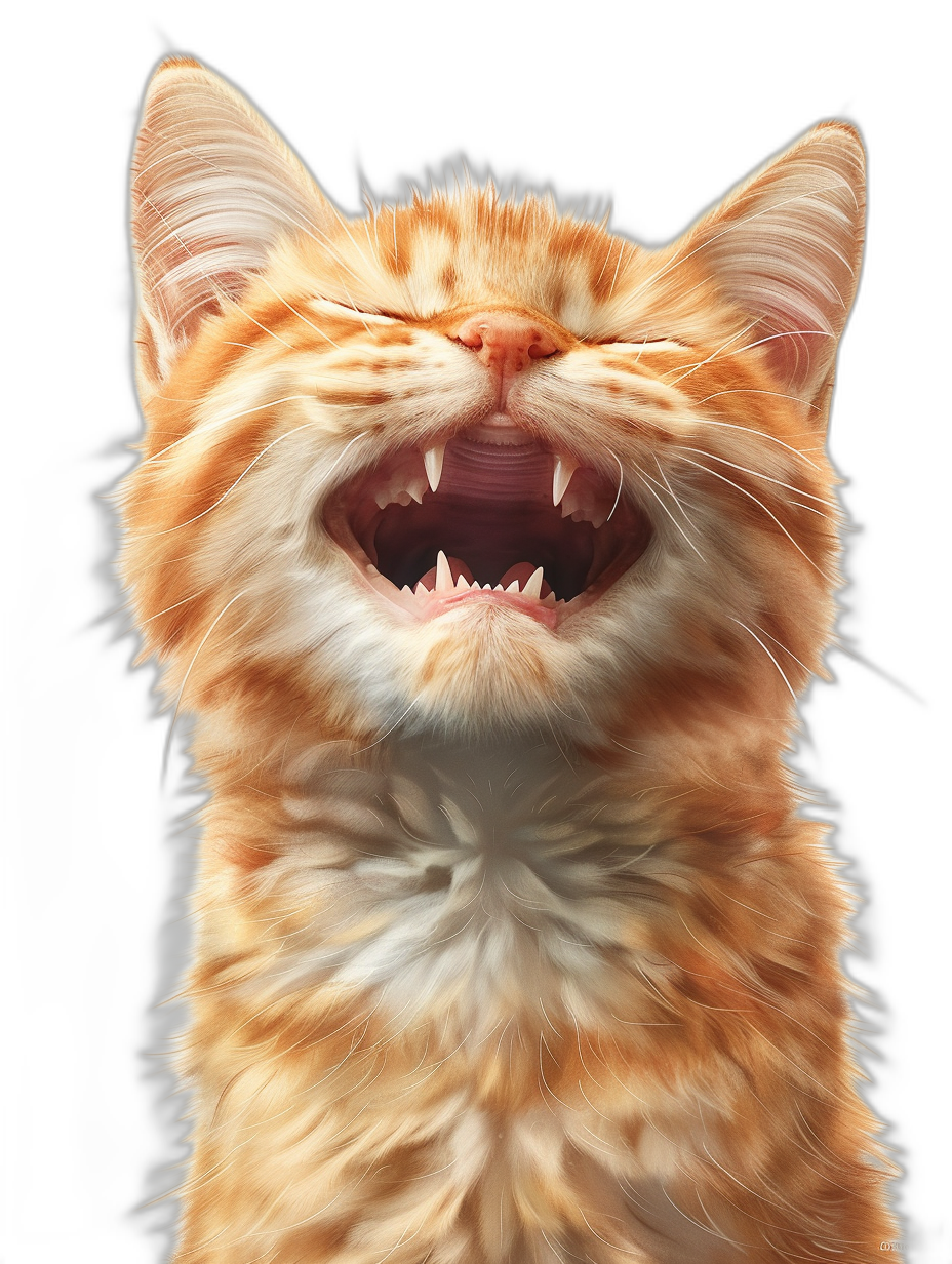 smiling ginger cat, open mouth with teeth showing, hyper realistic, hyper detailed, black background, octane render
