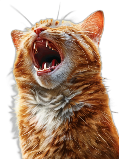 ginger cat howling, white teeth, photorealistic, hyperrealism, octane render, isolated on black background