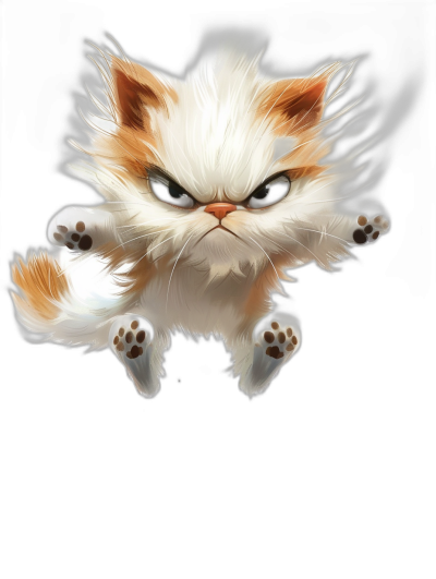 A flying angry fluffy white and orange cat with black eyes, in the style of anime characters, cute, black background, vector art, digital painting, high detail, hyper quality, in the style of Pixar's chibi characters, 2D game art.