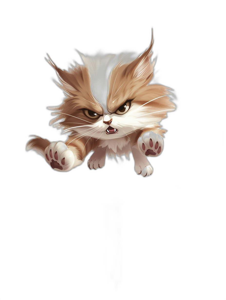 A cute cat is jumping in the air with an angry expression. It has a white and brown fur color combination in the style of cartoon style against a black background. The full body shot is in a high definition game art design style done as a digital painting.