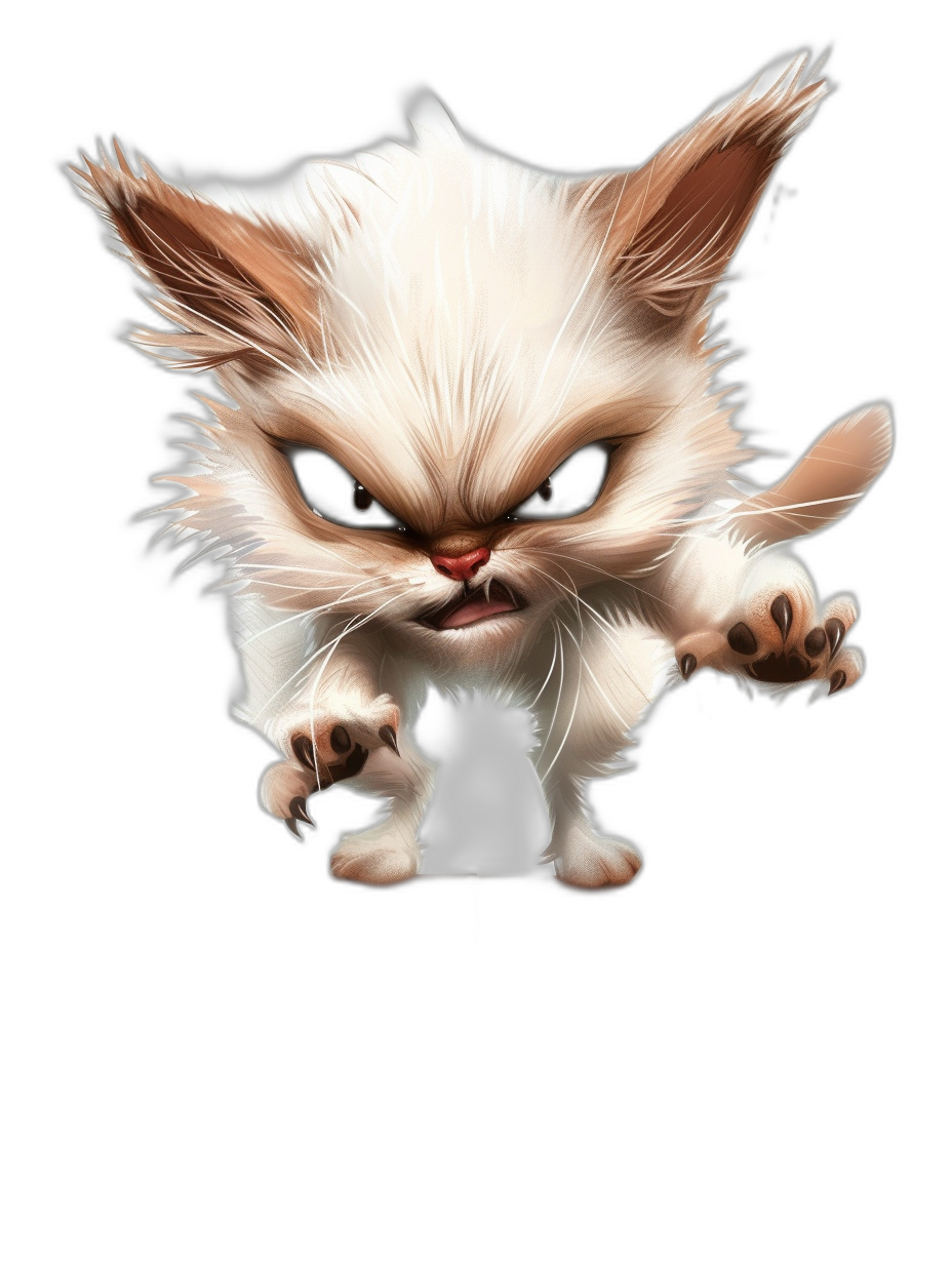 A white cute kitten with brown ears and tail, a funny angry expression in the style of digital art, jumping on a black background, shown in a full body view.