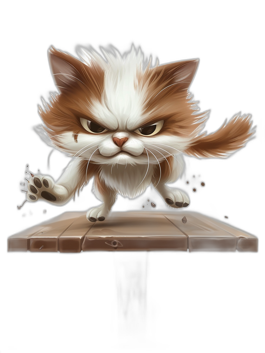 A cute cartoon cat, jumping on the table with an angry expression, with white and brown fur. The background is black, and in front of it stands a wooden board. This artwork was created using digital art techniques, featuring high-definition resolution. It showcases a detailed character design style in the style of an illustration with a flat color scheme.