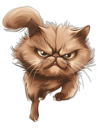 grumpy brown persian cat cartoon character running, vector illustration, black background